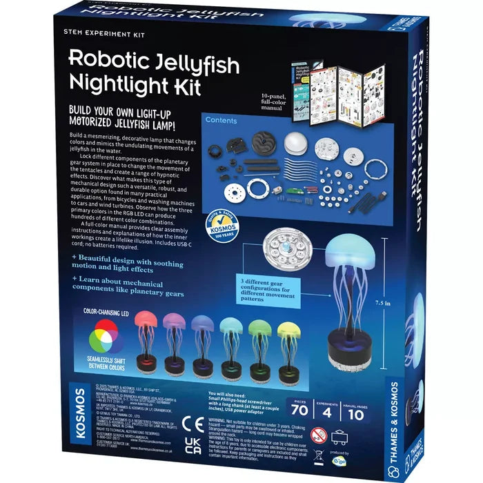 Back of blue toy box displaying kit pieces, a manual, and photos of a motorized jellyfish lamp in various colors.