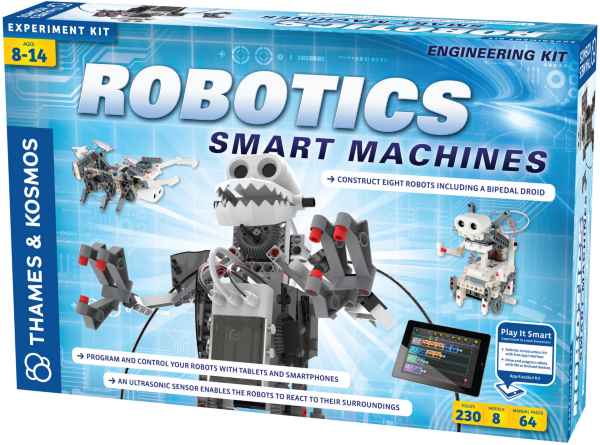 Blue robotics kit box featuring a white robot dinosaur, smaller grey robots, and a tablet with a coding interface.