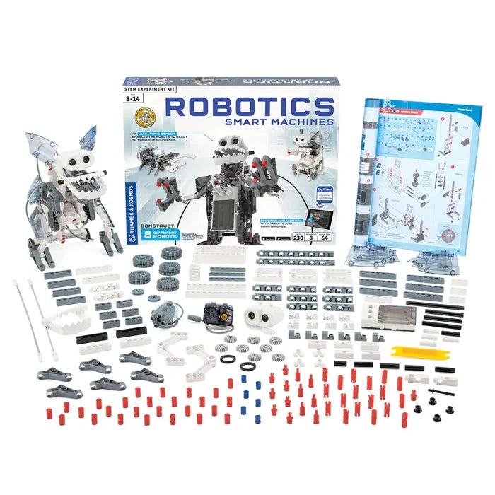 Robotics kit box with an assembled robot, manual, and numerous white, gray, and red building pieces and gears.