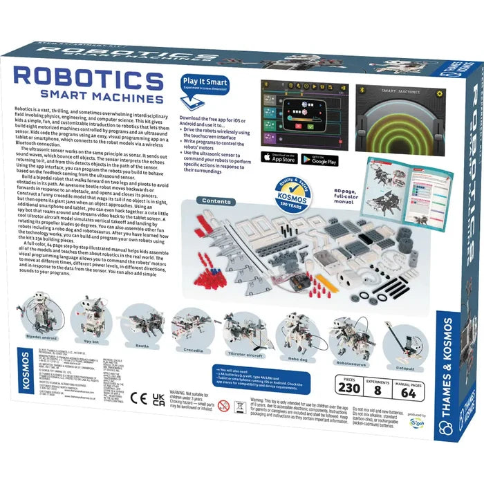 Back of a blue and white box showing eight robot models, 230 building pieces, a manual, and app screenshots.