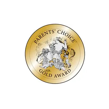 Gold circular Parents' Choice Gold Award seal featuring a classic illustration of a woman and children in the center.