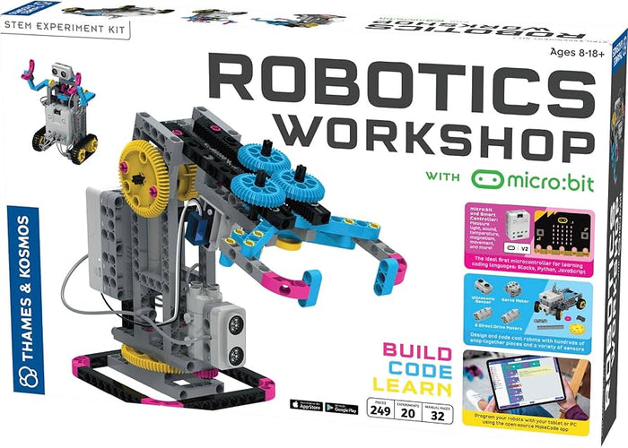 Thames & Kosmos box for a robotics kit showing a grey mechanical arm with yellow gears and blue claws.
