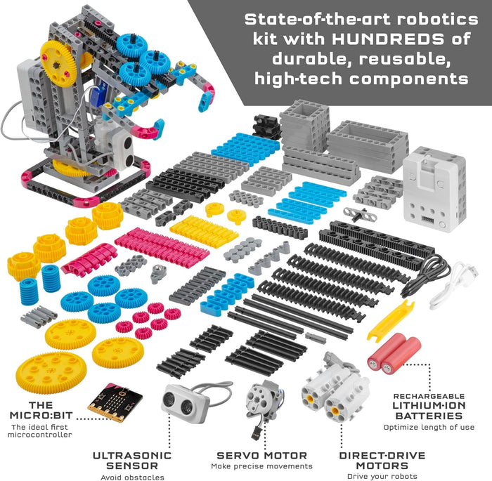 Robotic arm and kit parts: gray beams, colorful gears, ultrasonic sensor, servo motors, and a micro:bit microcontroller.