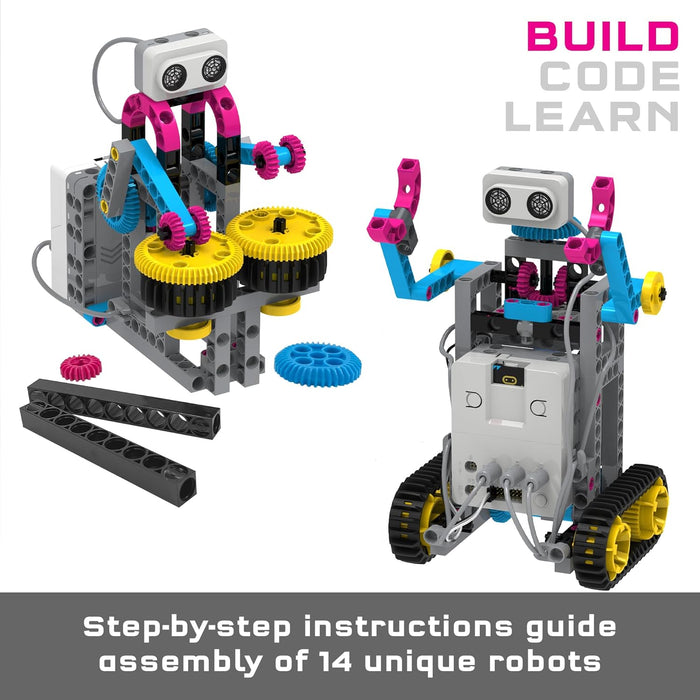 Two colorful robots built with pink, blue, and yellow gears and beams, featuring tank treads and sensor heads.