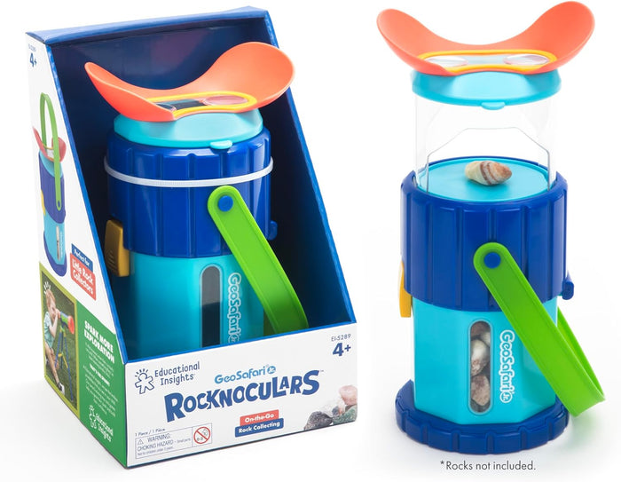 Educational rock collecting toy in blue, green, and orange, shown in packaging and standing upright.
