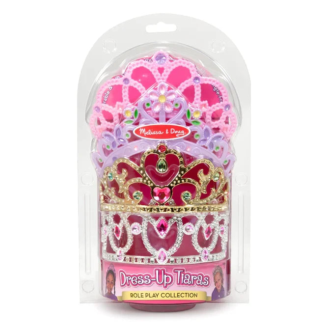 Four sparkly dress-up tiaras in pink, purple, gold, and silver with faux jewels, in a clear plastic package.