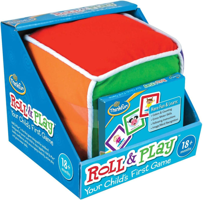 Soft red, orange, and green plush game cube in a blue box with activity cards for toddlers 18 months and up.