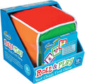 Soft red, orange, and green plush game cube in a blue box with activity cards for toddlers 18 months and up.