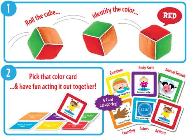 Instructional graphic: roll the plush color cube, pick a matching color activity card, and act out the prompt together.