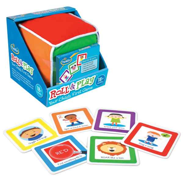 Soft multi-colored cube in blue box with six illustrated activity cards featuring simple commands for toddlers.