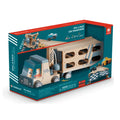 Wooden toy truck with blue cab and double-deck trailer in a teal and red box with racing graphics.