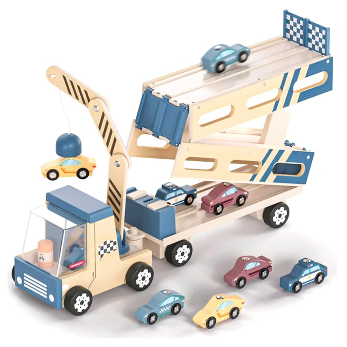 Wooden car carrier toy with a blue magnetic crane and seven small colorful cars on a two-tier ramp.