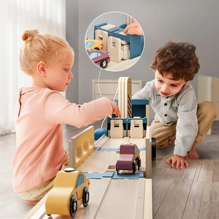 Two kids playing with a natural wood toy car transporter with a manual launch lever and colorful wooden cars.