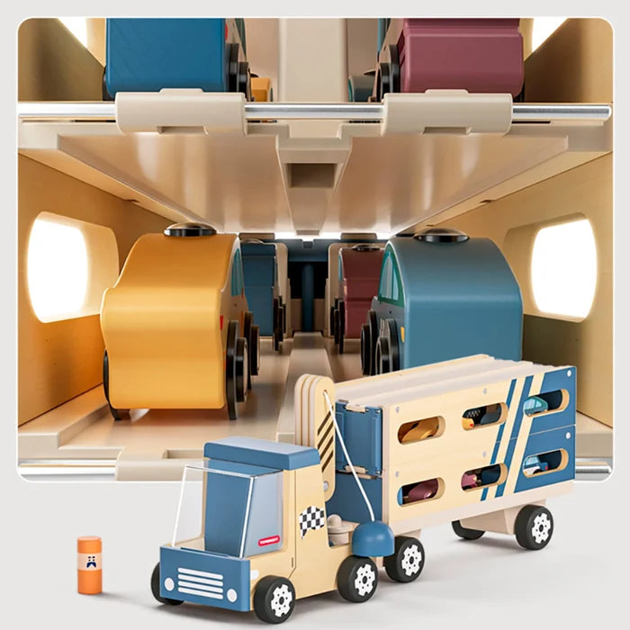Blue and tan wooden car transporter toy truck carrying colorful cars, plus an interior view of the two-level trailer.