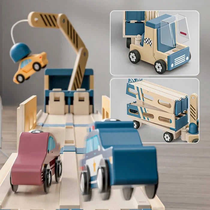 Tan and blue wooden car carrier with crane lifting yellow car. Pink and blue cars on ramp. Insets show truck details.