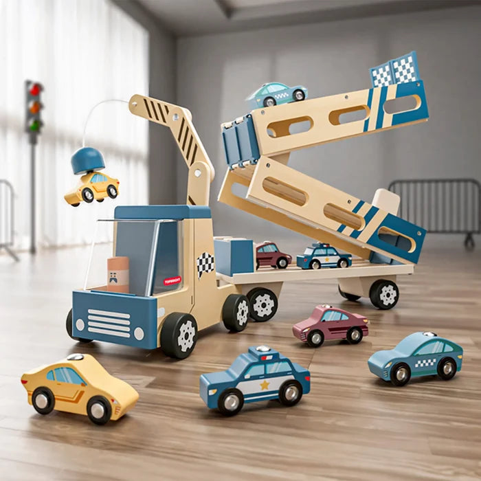 Blue and tan wooden toy car transporter with a three-tier ramp, crane, and several colorful small cars.