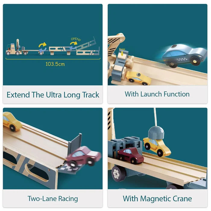 Wooden toy truck with a 103.5cm extendable track, dual racing lanes, a car launcher, and a magnetic crane.