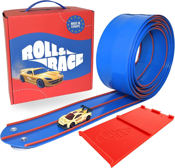 Blue rollable toy track with red rails, yellow car, suction cup mount, and red branded storage box.