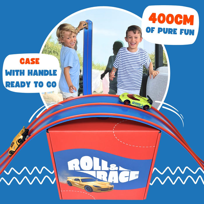 Two boys playing with flexible blue race tracks attached to a glass door and looping over a red storage box with toy cars.