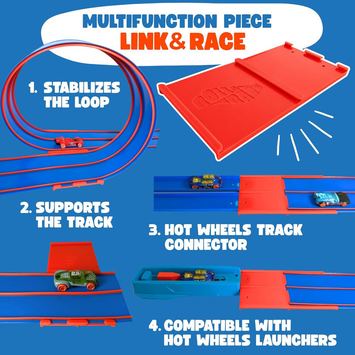 Red multifunction piece shown stabilizing blue loops, supporting tracks, and connecting to Hot Wheels toy car launchers.