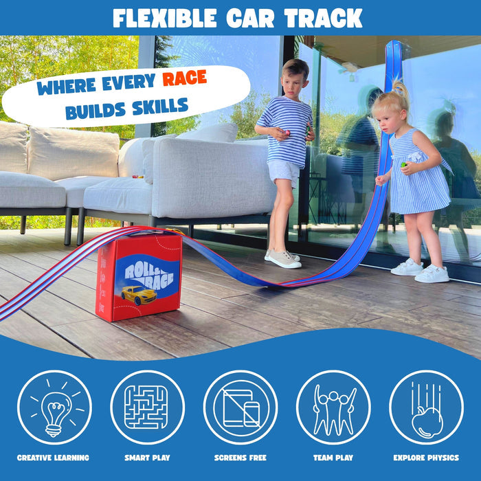 Two children play with a blue and red flexible track suctioned to a glass door, looping over a red box on a patio.