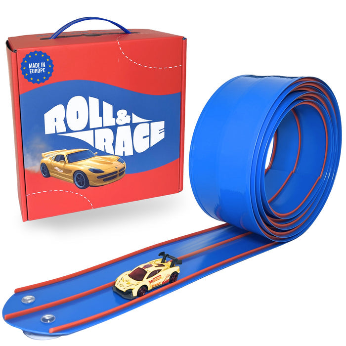 Blue flexible race track with red rails and suction cups, a yellow toy car, and red Roll & Race product box.