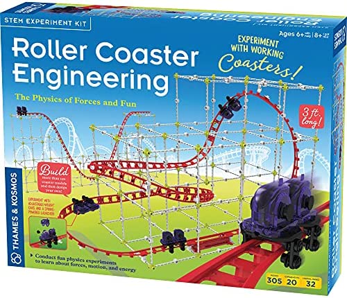 Box for a roller coaster STEM kit with a red track, white grid structure, and purple cars on a bright blue background.