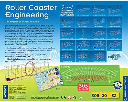 Back of blue and green box showing 20 experiment diagrams, a 3D roller coaster model, and a 305-piece component list.