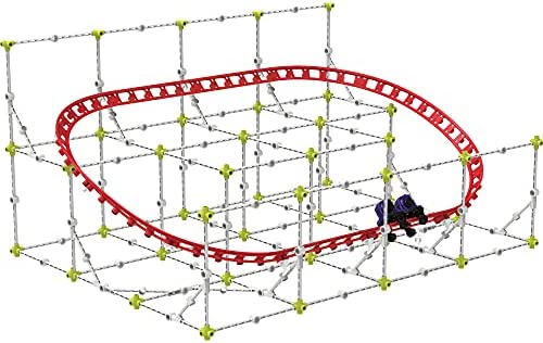 Model roller coaster featuring a red looped track on a white grid support structure with yellow joints and a purple car.