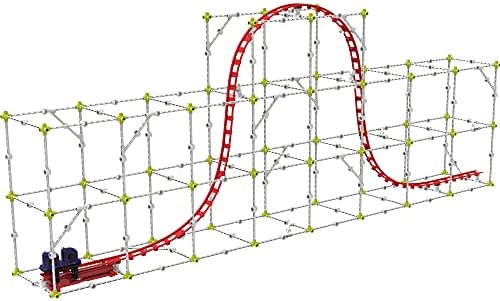 White rod and yellow joint structure supporting a red roller coaster track with a steep hill and small blue car.