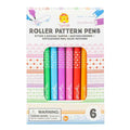 A set of 6 colorful roller pens in a windowed box, showcasing heart, star, and wavy pattern designs.