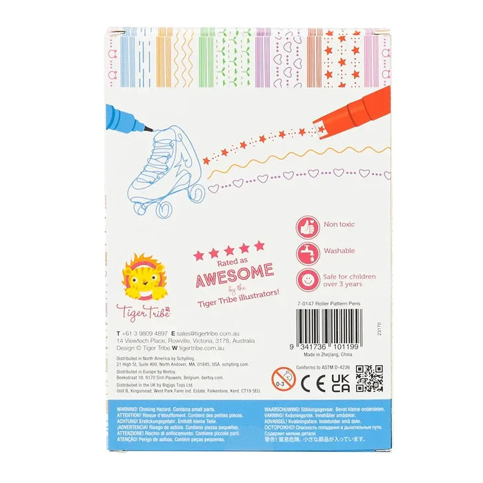 Back of white toy packaging featuring colorful star and heart patterns, a roller skate drawing, and safety icons.