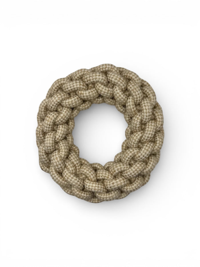 DogTreatNZ rope ring toy for dogs, showing a durable cotton rope ring suitable for chewing and playing.