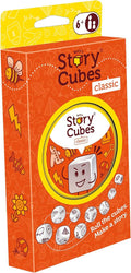 Orange and yellow box featuring bee and fish icons and white dice printed with symbols like a sheep and pyramid.
