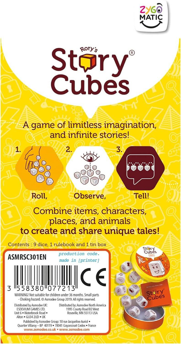 Yellow Rory's Story Cubes box with 3-step guide and nine white illustrated dice in an open round orange tin.