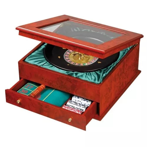 Elegant wood box with glass lid open, featuring a black roulette wheel and drawer with chips and green betting mat.