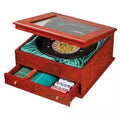 Elegant wood box with glass lid open, featuring a black roulette wheel and drawer with chips and green betting mat.