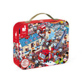 Red Janod puzzle carrying case with a green handle and a busy cartoon illustration of firefighters in a city scene.