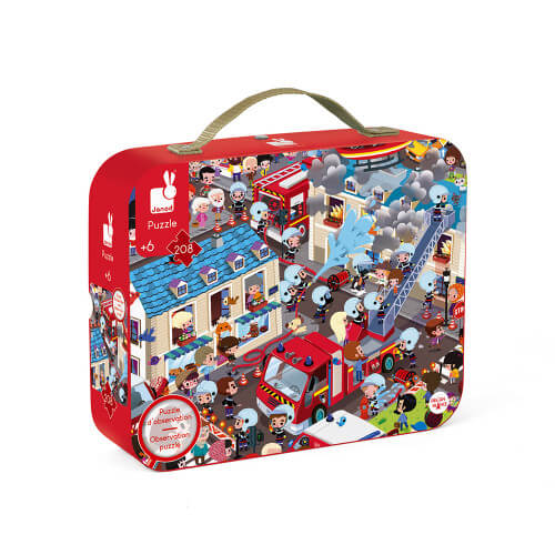 Red Janod puzzle carrying case with a green handle and a busy cartoon illustration of firefighters in a city scene.