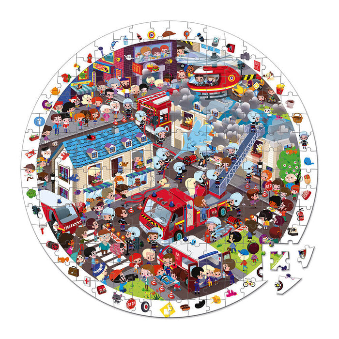Round jigsaw puzzle featuring a vibrant cartoon fire rescue scene with fire trucks, helicopters, and an icon border.