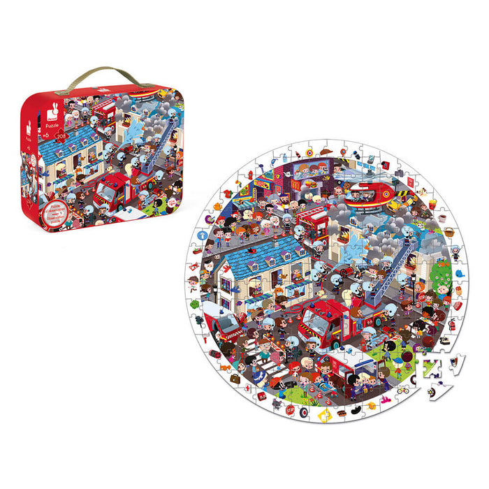 Red carrying case and round puzzle featuring a busy cartoon fire station scene with fire trucks and helicopters.