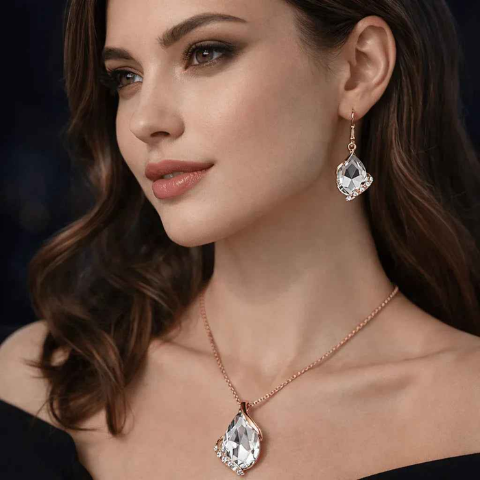 Stylish 3Sixty5 Royal Dewdrop jewelry set featuring elegant white necklace and earrings with intricate design.