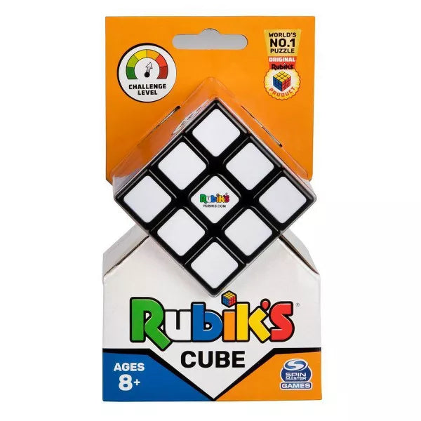 Rubik’s 3x3 Cube in orange and white packaging, showing white face tiles behind a clear plastic display window.