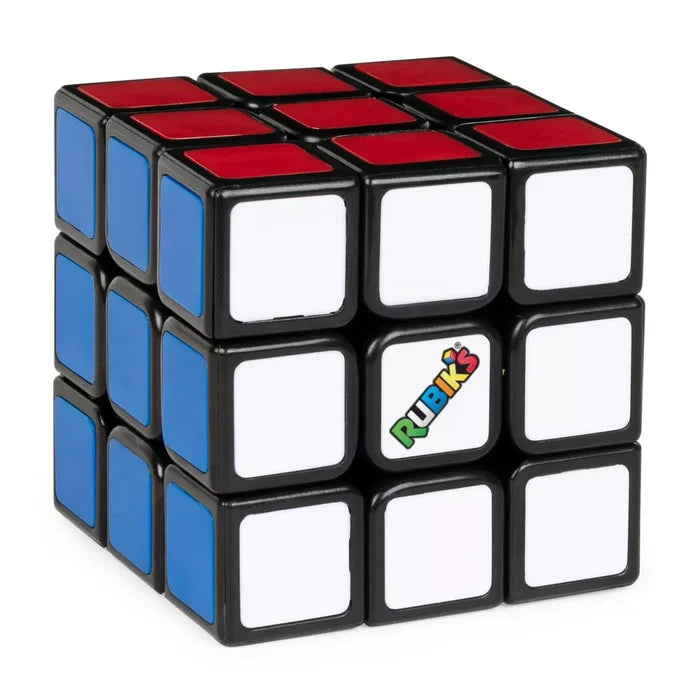 3x3 Rubik's Cube showing white, red, and blue tiled faces with the brand logo on the center white square.