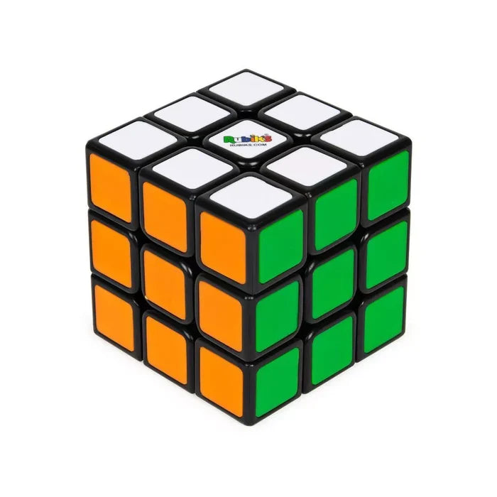 3x3 puzzle cube showing white, orange, and green faces with black borders and a logo on the center white tile.
