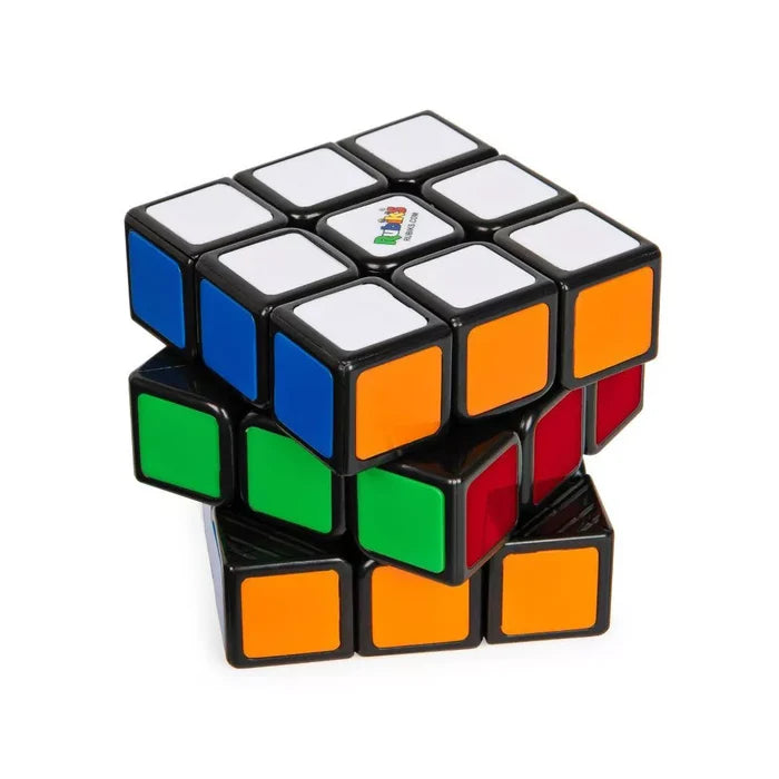 Classic 3x3 Rubik's cube with twisted layers showing white, blue, orange, green, and red tiles on a white background.