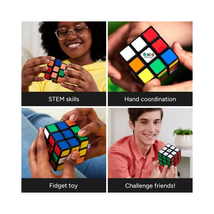 Four photos show people holding and solving a 3x3 puzzle cube with colorful red, blue, green, and yellow squares.