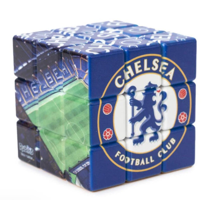 3x3 Rubik's cube featuring the Chelsea FC crest, a football stadium pitch, and blue club-themed graphics.