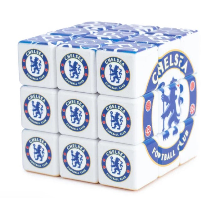 White 3x3 puzzle cube featuring small blue Chelsea FC crests on one face and a large club logo on the other.