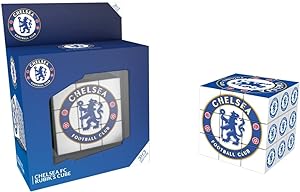 White Chelsea FC Rubik's cube featuring the club crest, shown next to its blue branded cardboard packaging box.